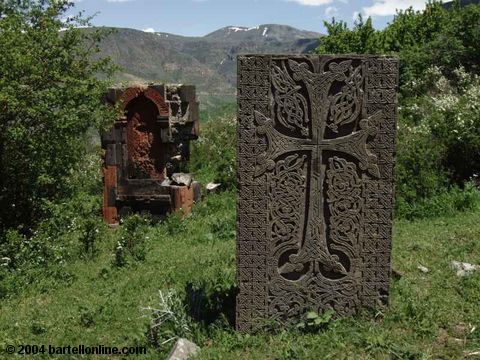Khachkars at ruins of Havuts Tar monastery near Garni, Armenia
