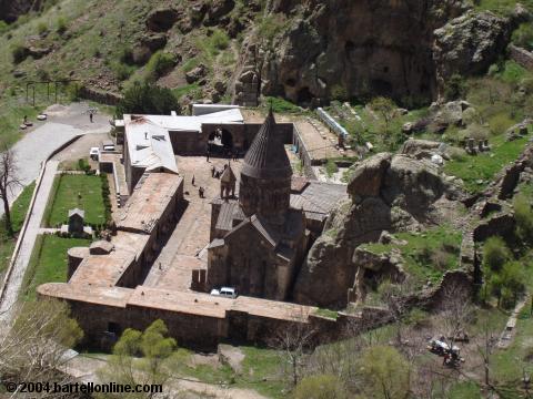 View from above of the Geghard monastery complex in Armenia
