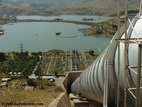 Pipe descends to a hydroelectric power plant beside a lake in Hrazdan, Armenia
