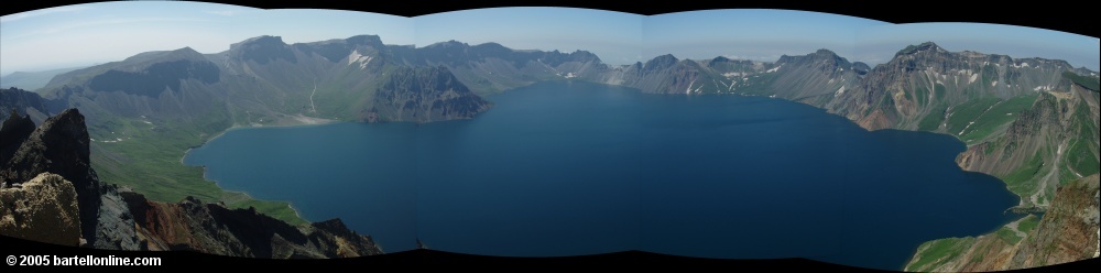 Panorama of Tianchi Lake from the summit of Tianwen Peak in the Changbaishan Nature Preserve in Jilin, China