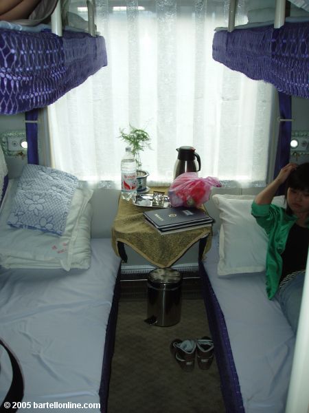 Berth in a typical soft sleeper car on a passenger train in China