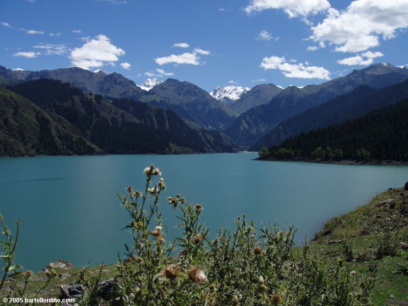 View of Tianchi Lake and surrounding Tianshan mountains in Xinjiang province, China