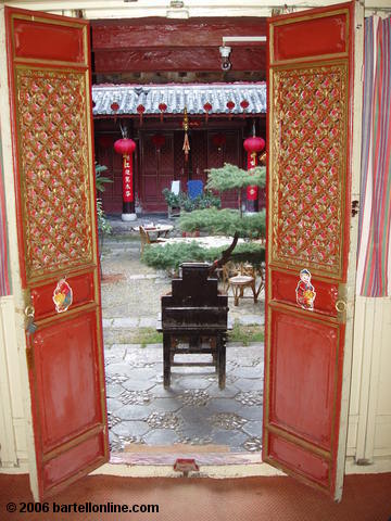 View through the door of a guestroom at the First Bend Inn in Lijiang, Yunnan, China